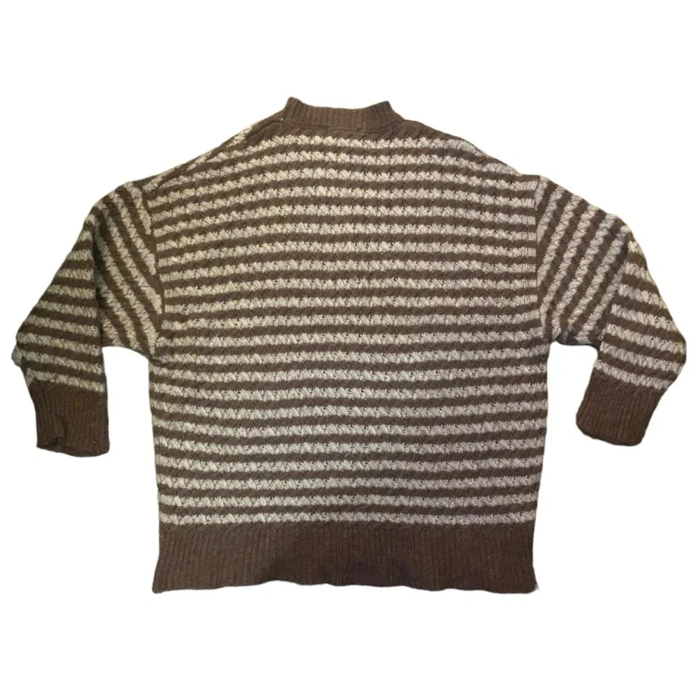 ZARA Brown and White Striped Oversized Slouchy Cozy Crewneck Knit Sweater Large - Picture 10 of 15